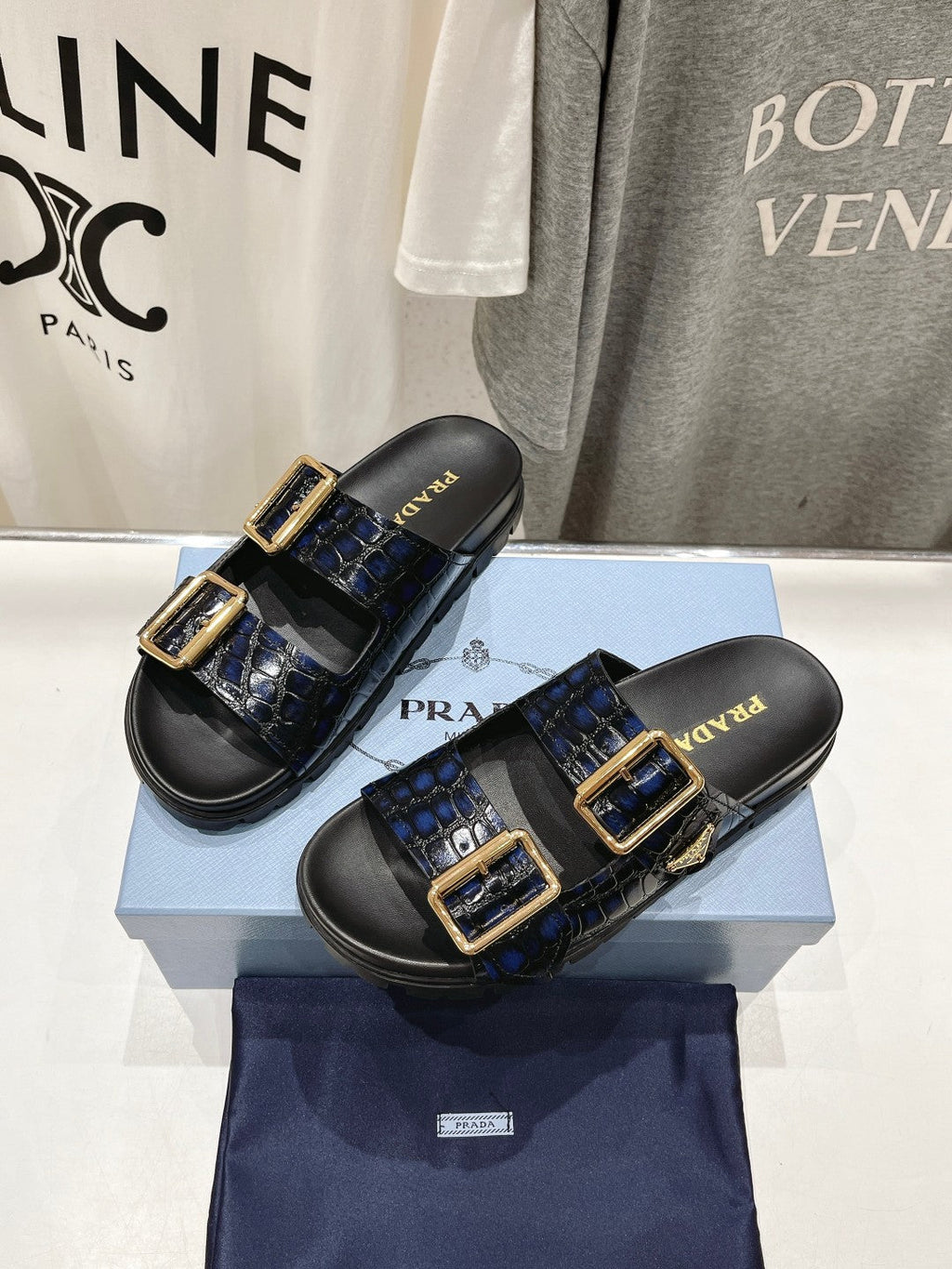 PRADA CROCODILE MOTIF STRAP SLIDES SANLS BLACK AND LAPIS CALFSKIN