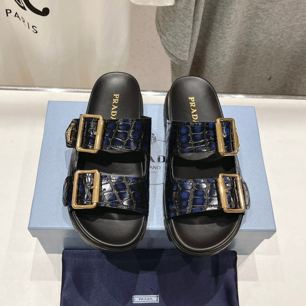 PRADA CROCODILE MOTIF STRAP SLIDES SANLS BLACK AND LAPIS CALFSKIN