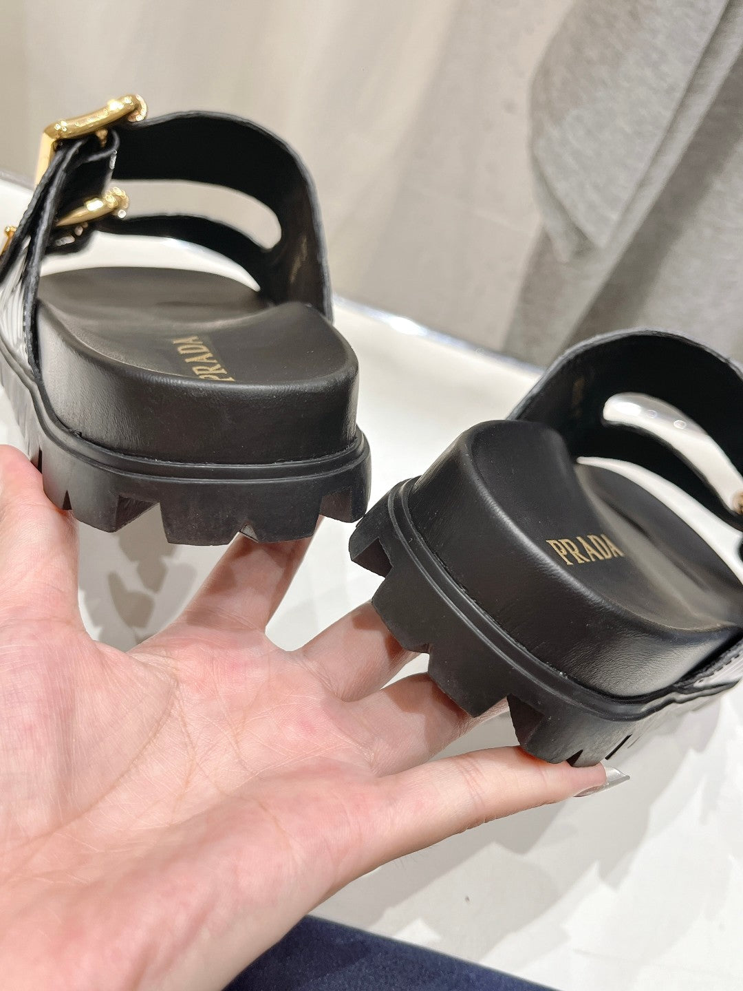 PRADA CROCODILE MOTIF STRAP SLIDES SANLS BLACK AND LAPIS CALFSKIN