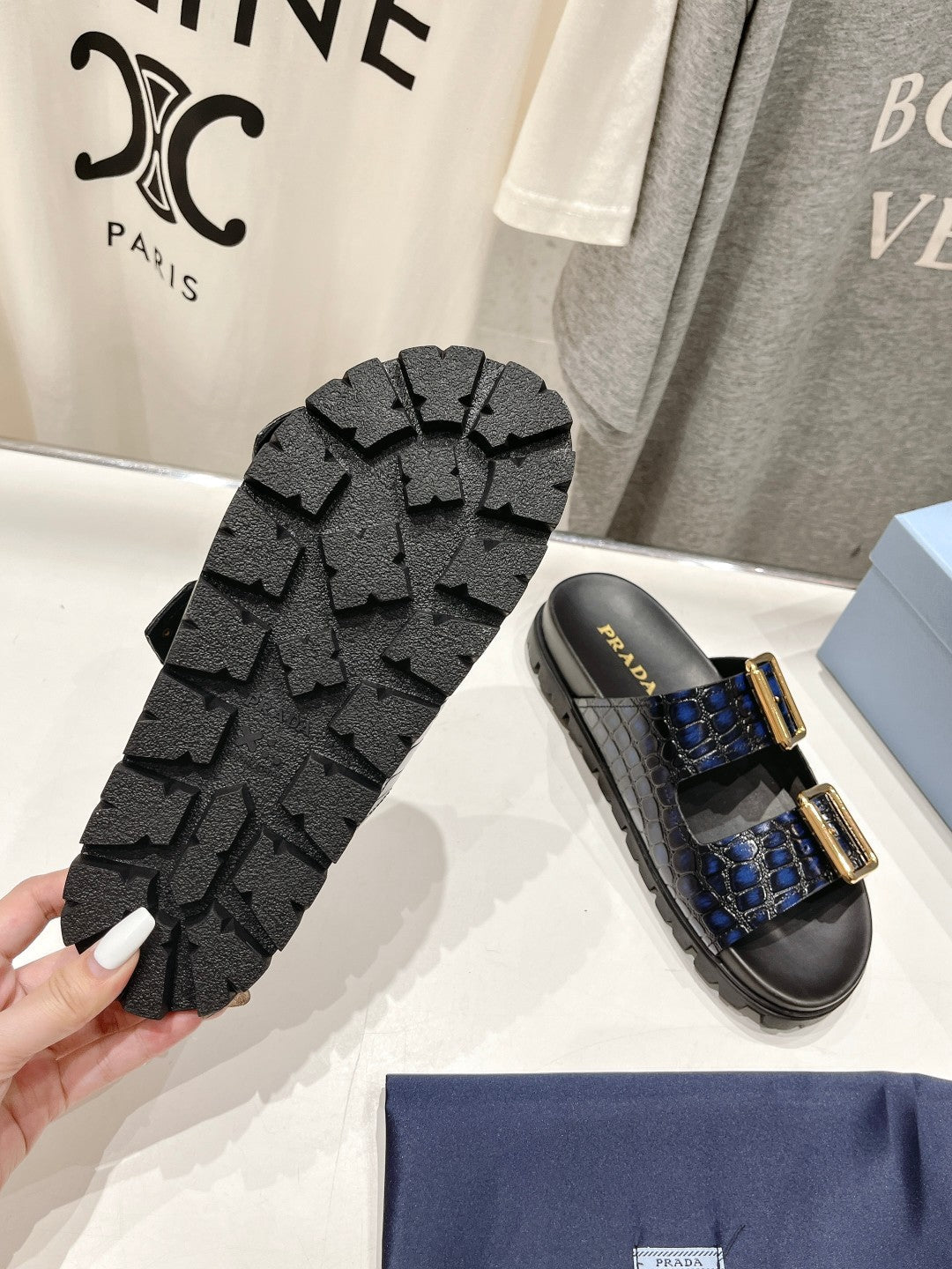 PRADA CROCODILE MOTIF STRAP SLIDES SANLS BLACK AND LAPIS CALFSKIN