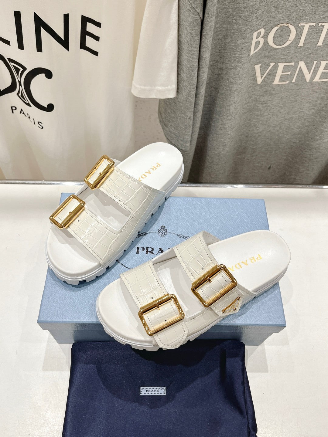 PRADA CROCODILE MOTIF STRAP SLIDES SANLS WHITE CALFSKIN