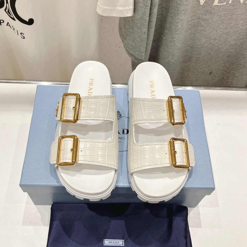 PRADA CROCODILE MOTIF STRAP SLIDES SANLS WHITE CALFSKIN