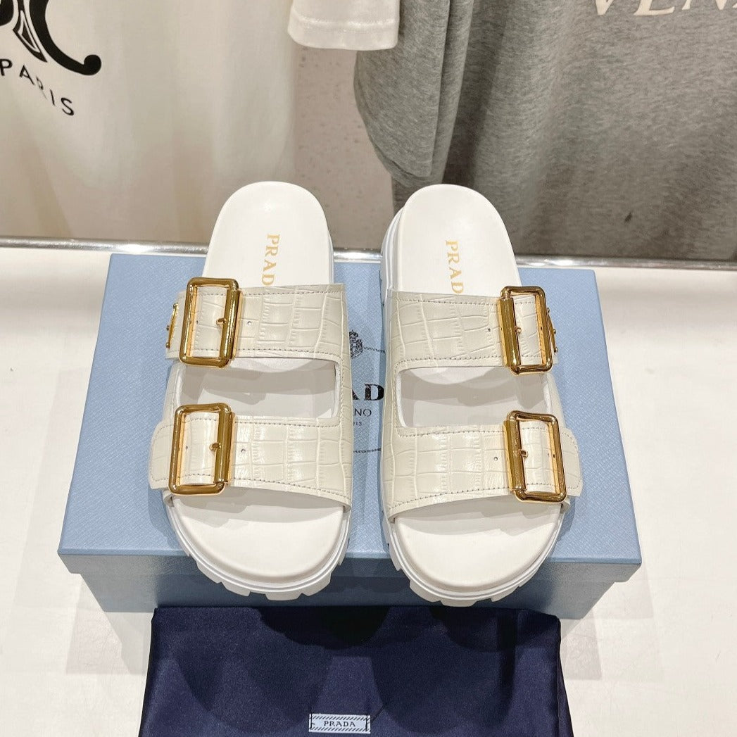 PRADA CROCODILE MOTIF STRAP SLIDES SANLS WHITE CALFSKIN