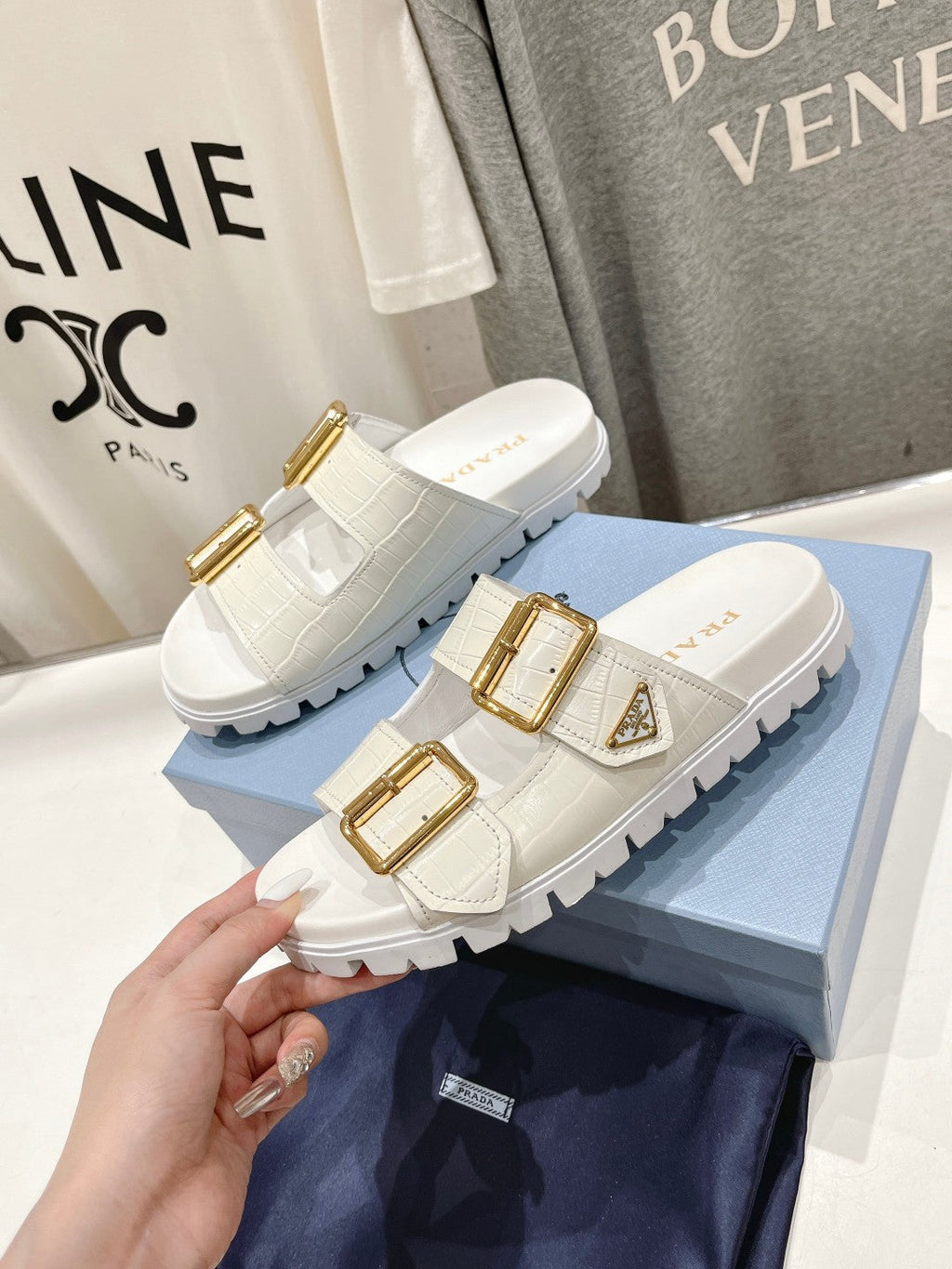 PRADA CROCODILE MOTIF STRAP SLIDES SANLS WHITE CALFSKIN
