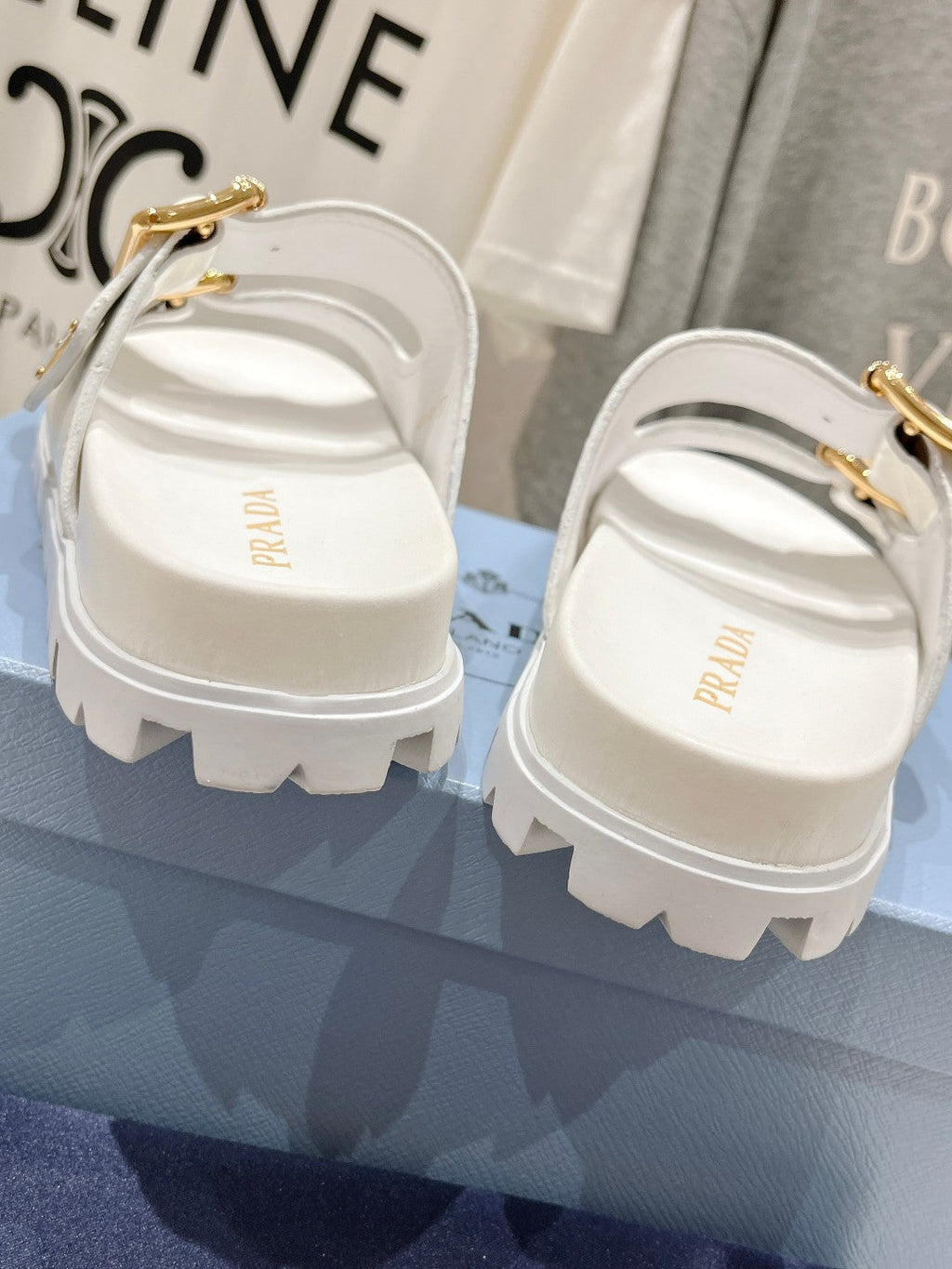 PRADA CROCODILE MOTIF STRAP SLIDES SANLS WHITE CALFSKIN