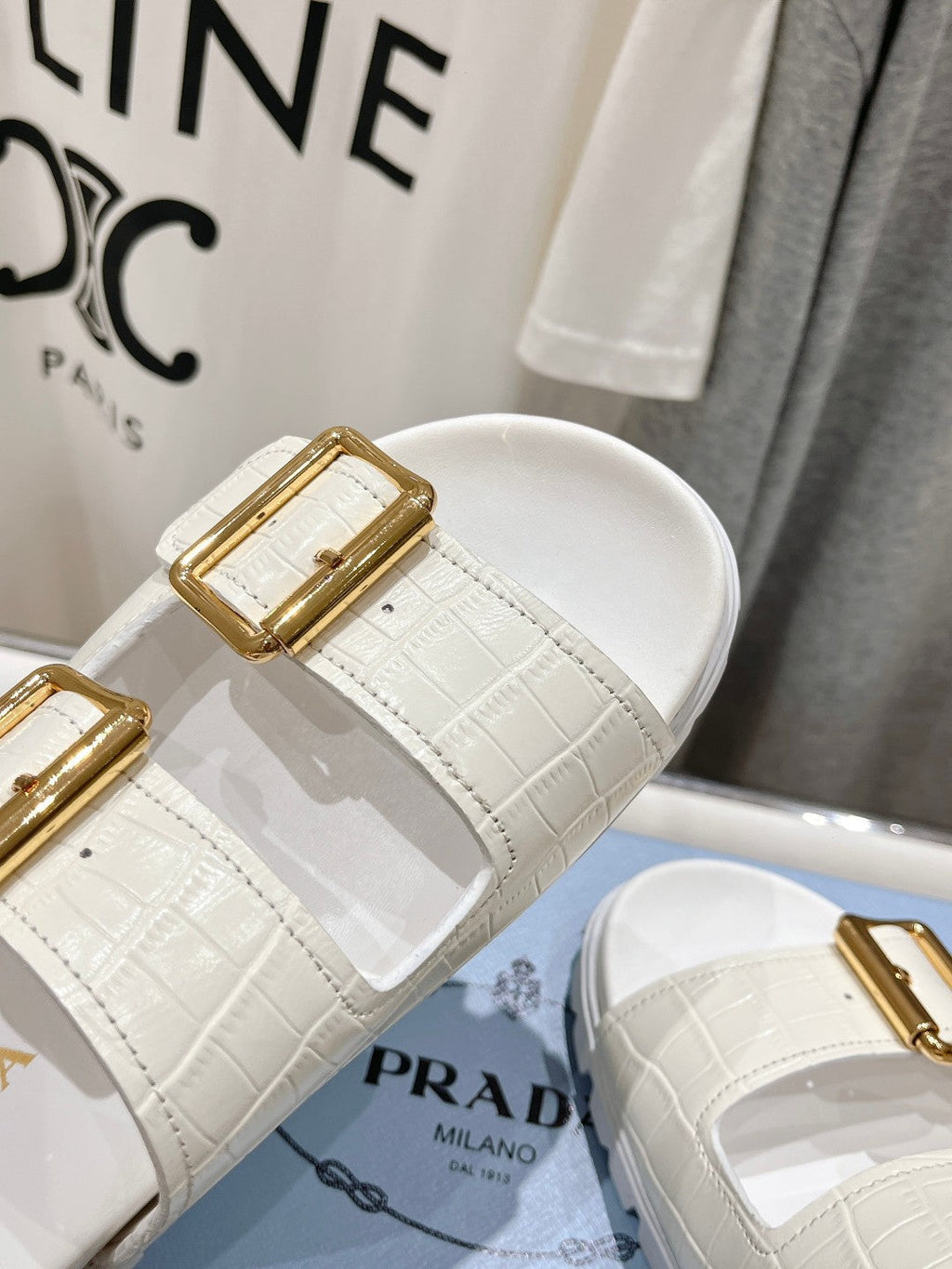 PRADA CROCODILE MOTIF STRAP SLIDES SANLS WHITE CALFSKIN