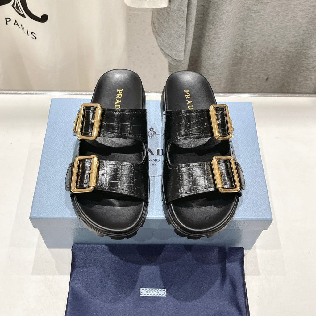 PRADA CROCODILE MOTIF STRAP SLIDES SANLS BLACK CALFSKIN