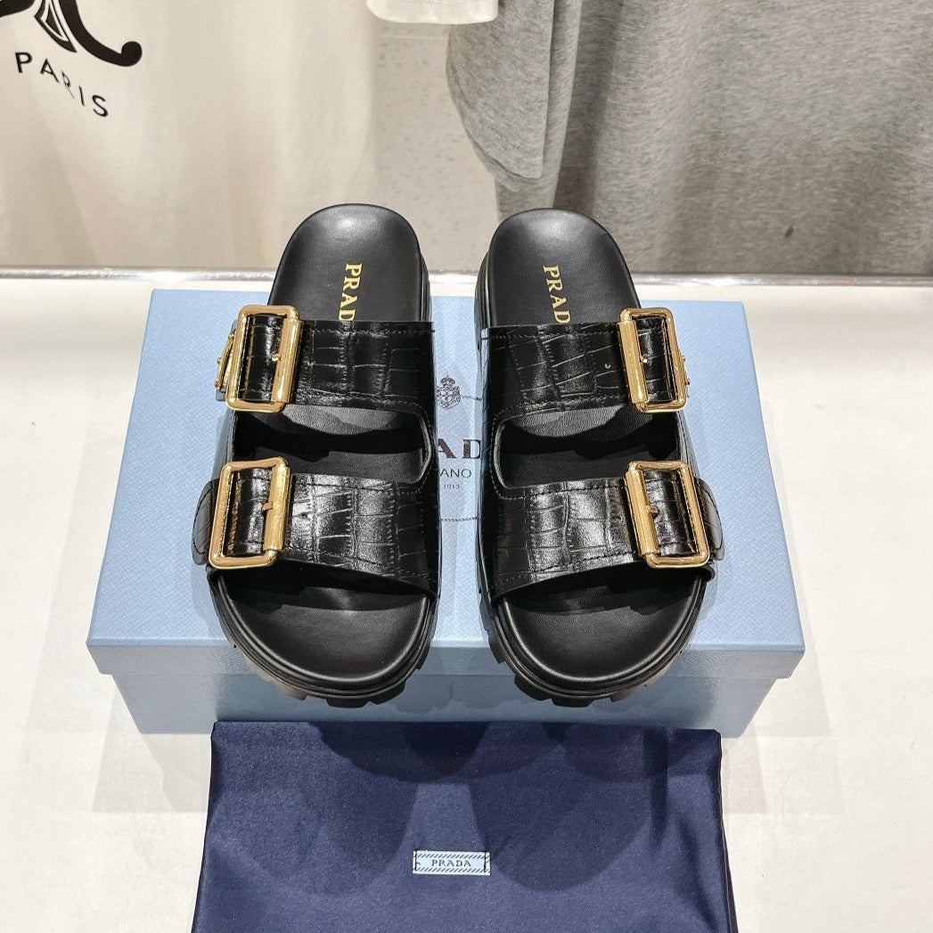 PRADA CROCODILE MOTIF STRAP SLIDES SANLS BLACK CALFSKIN
