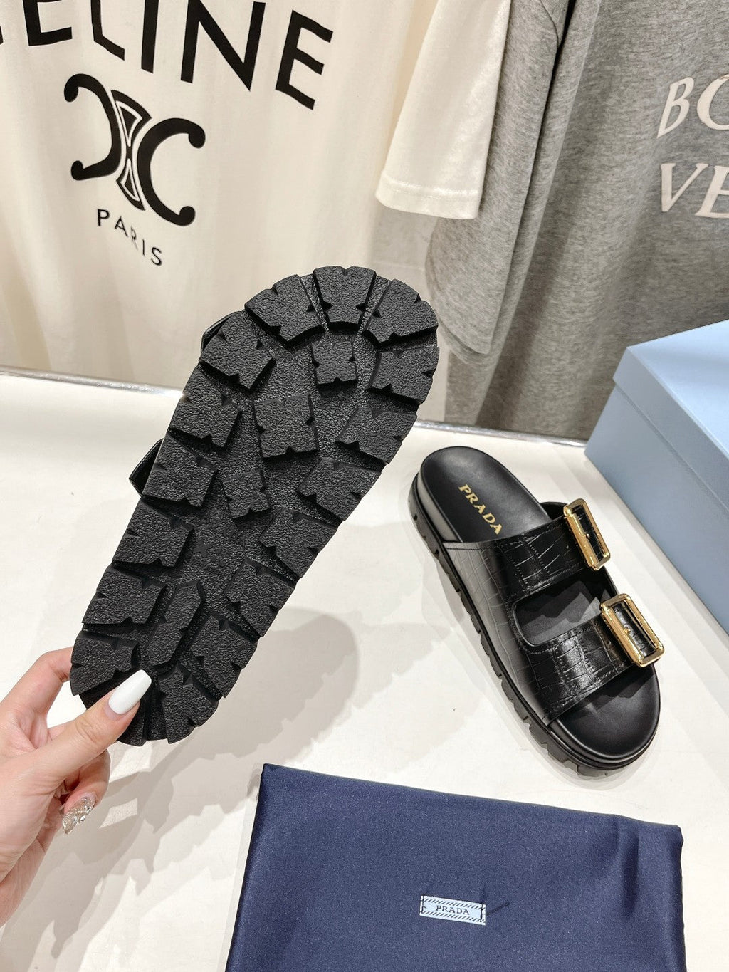 PRADA CROCODILE MOTIF STRAP SLIDES SANLS BLACK CALFSKIN