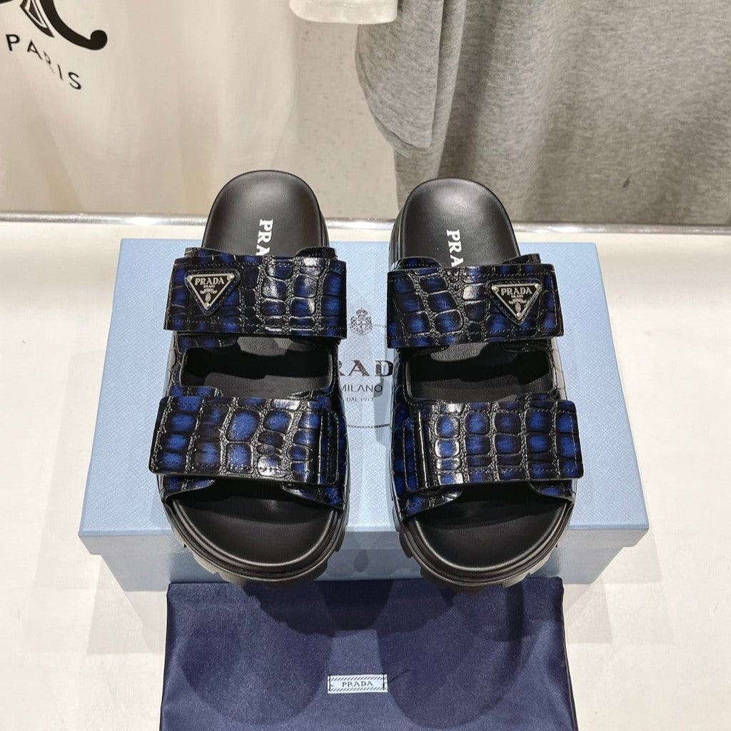 PRADA CROCODILE LEATHER MOTIF SANLS BLACK AND LAPIS CALFSKIN