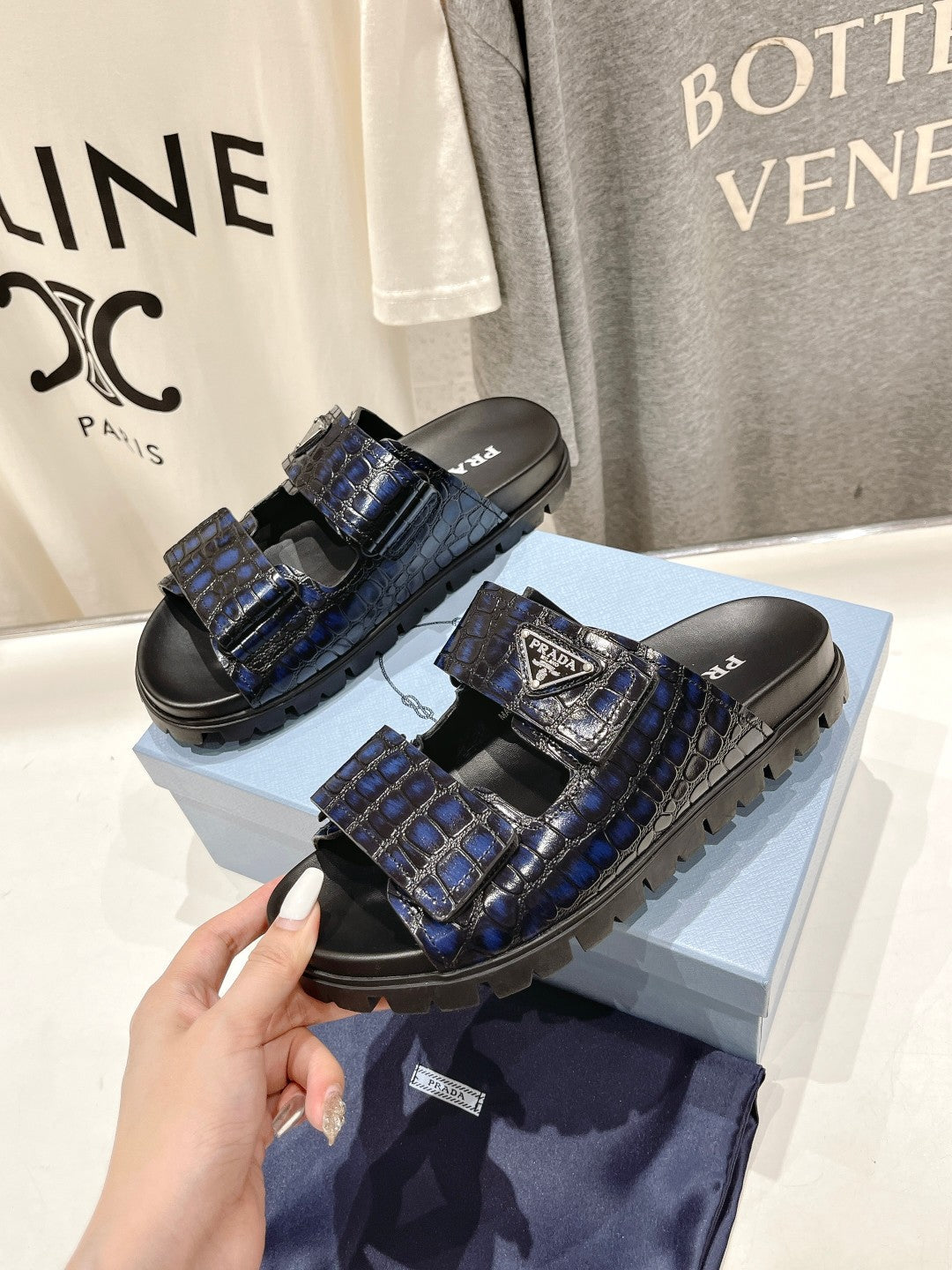 PRADA CROCODILE LEATHER MOTIF SANLS BLACK AND LAPIS CALFSKIN