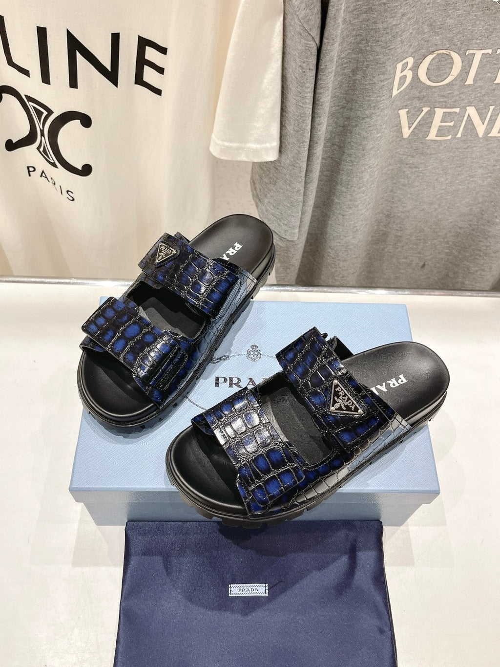 PRADA CROCODILE LEATHER MOTIF SANLS BLACK AND LAPIS CALFSKIN