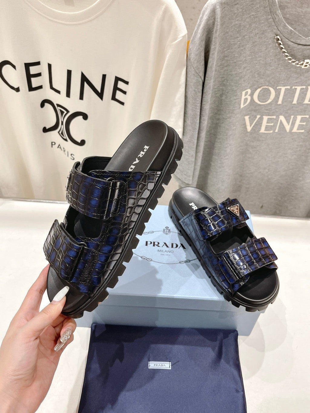 PRADA CROCODILE LEATHER MOTIF SANLS BLACK AND LAPIS CALFSKIN
