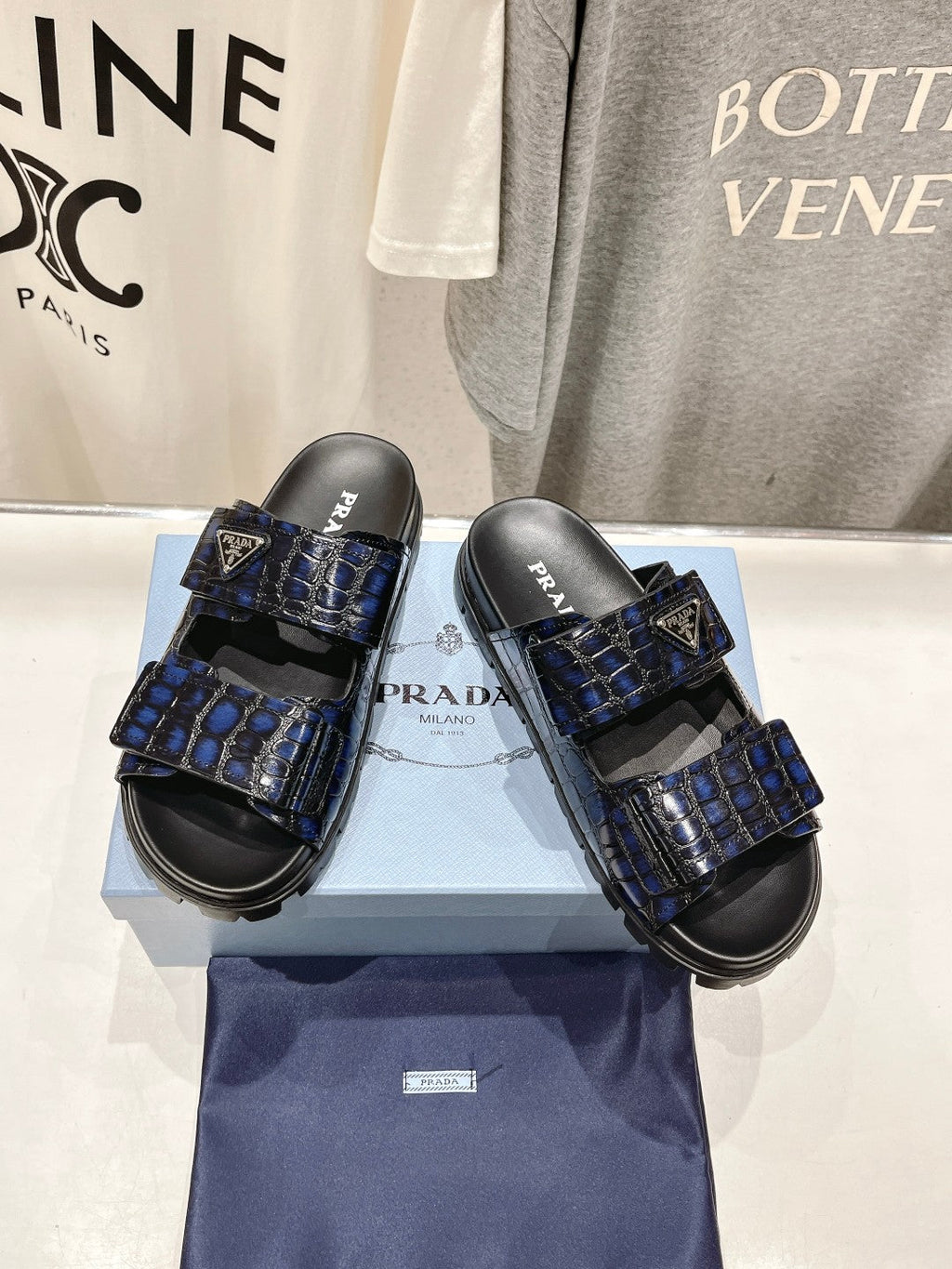 PRADA CROCODILE LEATHER MOTIF SANLS BLACK AND LAPIS CALFSKIN