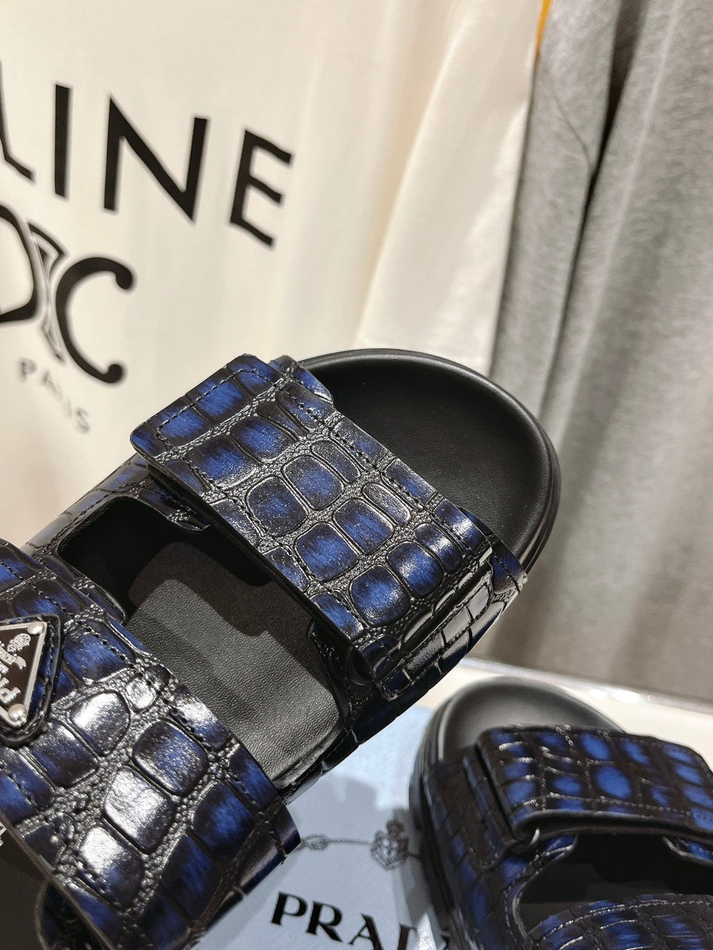 PRADA CROCODILE LEATHER MOTIF SANLS BLACK AND LAPIS CALFSKIN