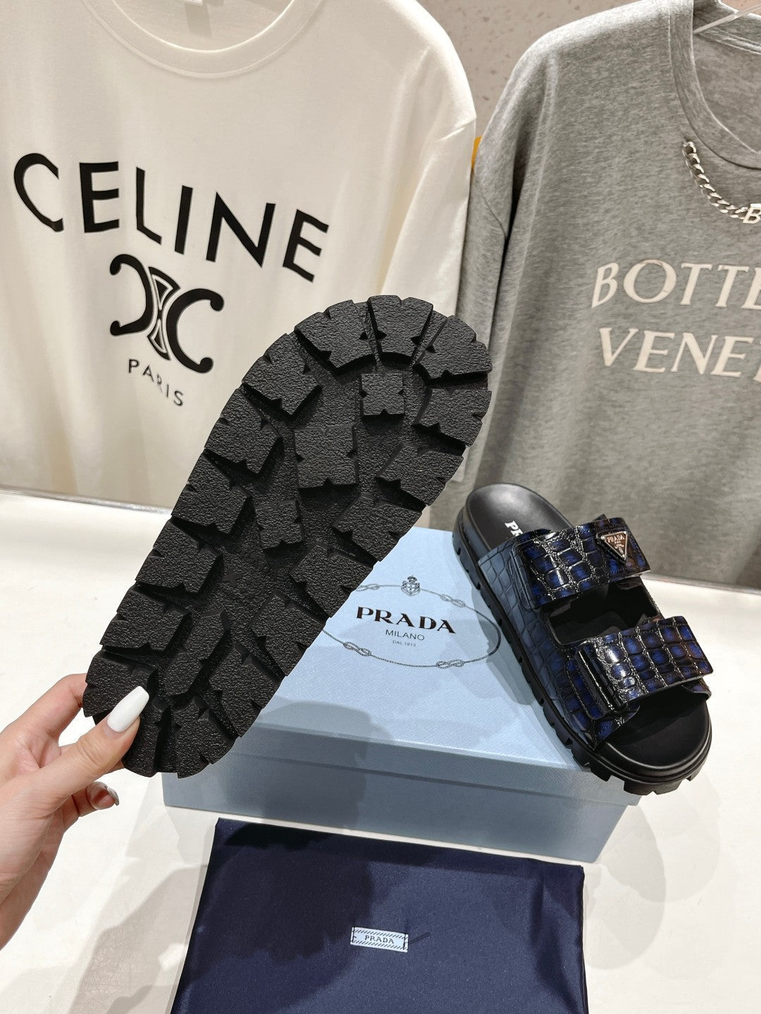PRADA CROCODILE LEATHER MOTIF SANLS BLACK AND LAPIS CALFSKIN