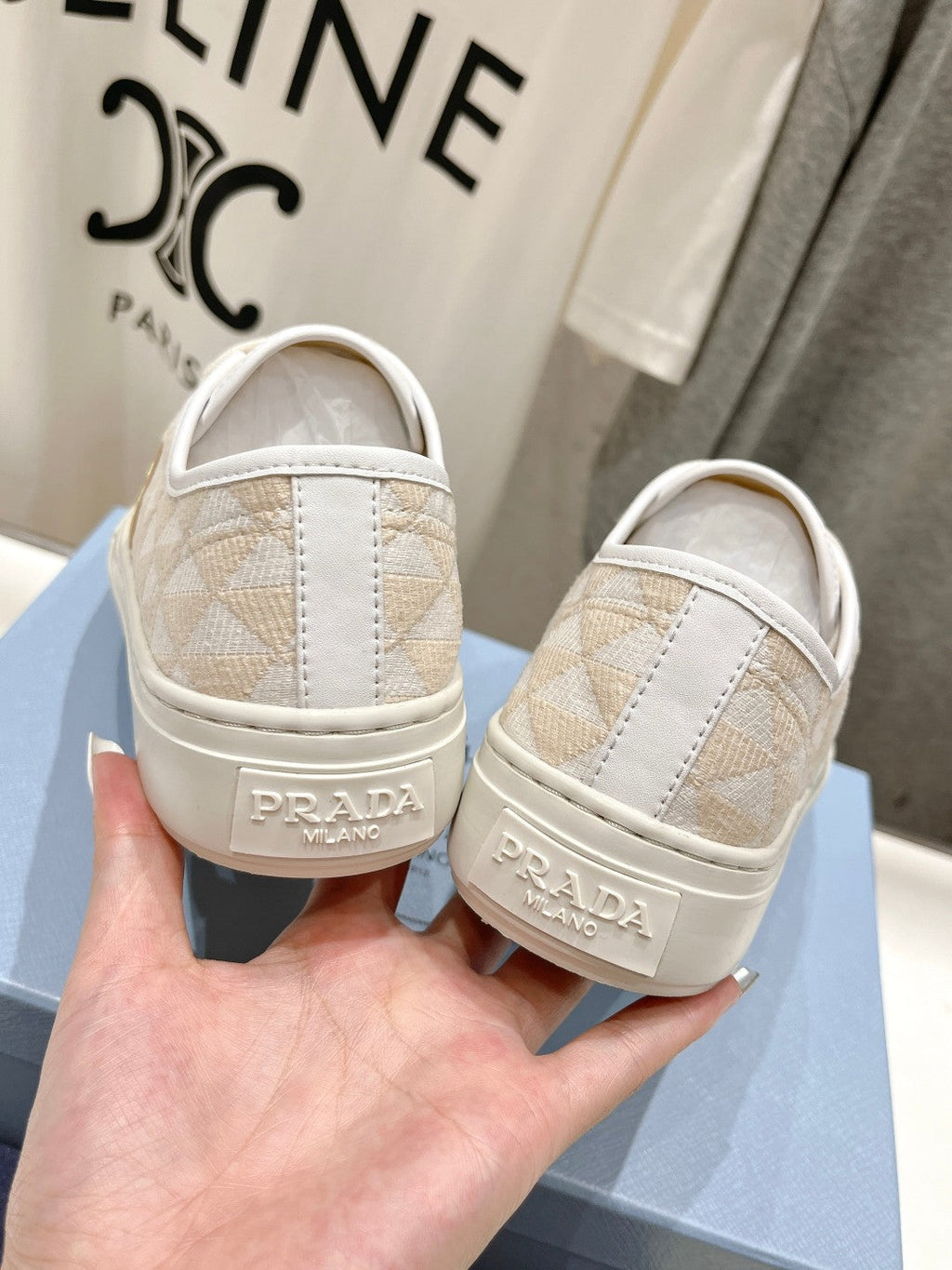 PRADA PRINTED COTTON SNEAKERS WHITE AND BEIGE CANVAS