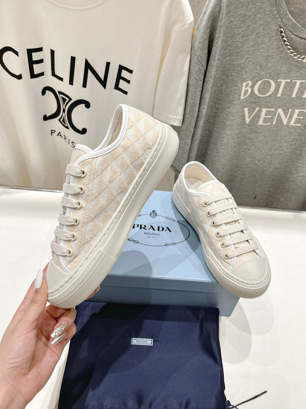 PRADA PRINTED COTTON SNEAKERS WHITE AND BEIGE CANVAS
