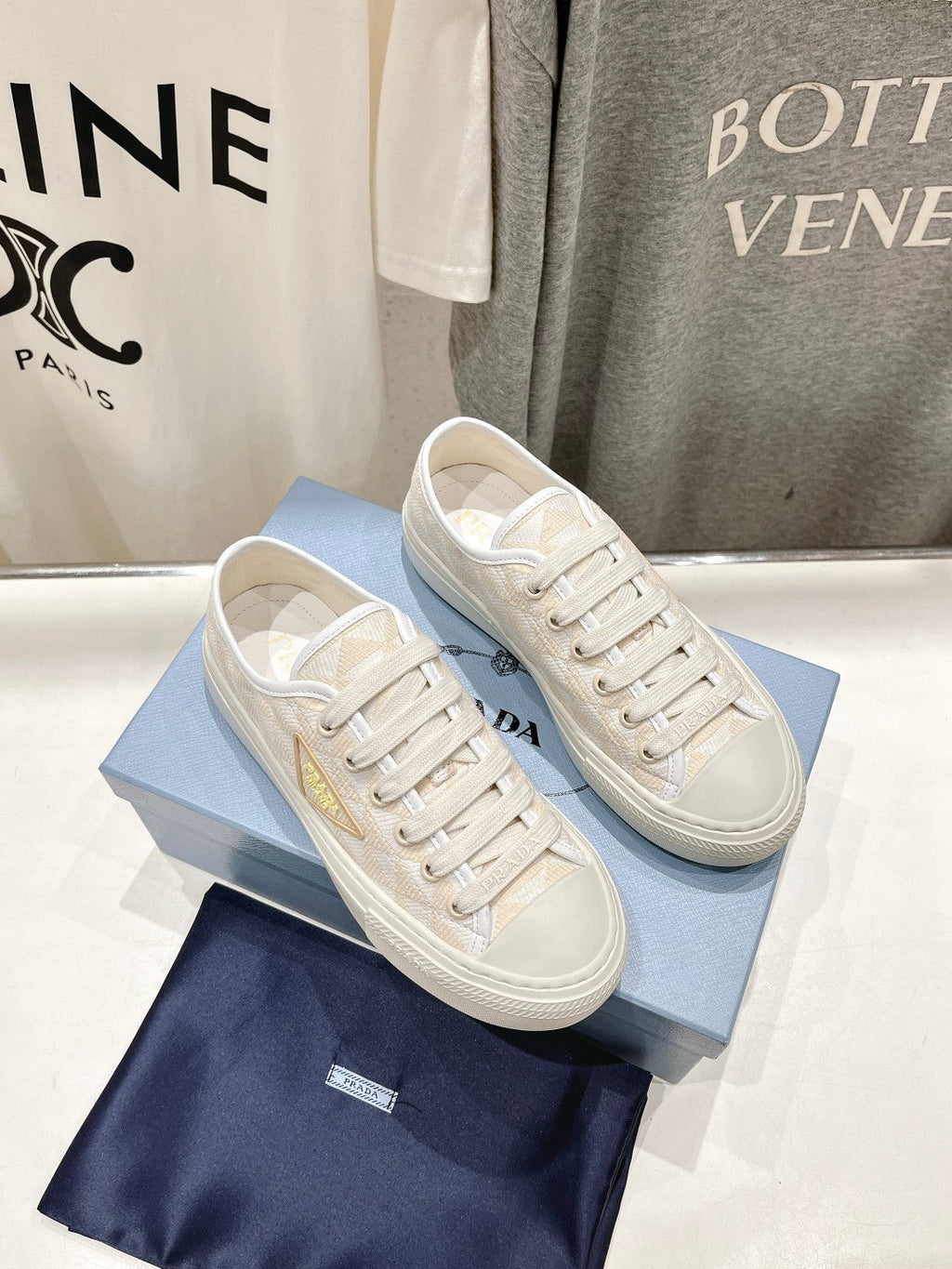 PRADA PRINTED COTTON SNEAKERS WHITE AND BEIGE CANVAS