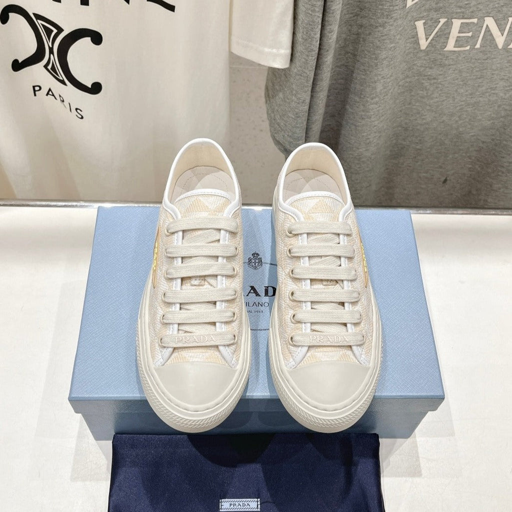 PRADA PRINTED COTTON SNEAKERS WHITE AND BEIGE CANVAS