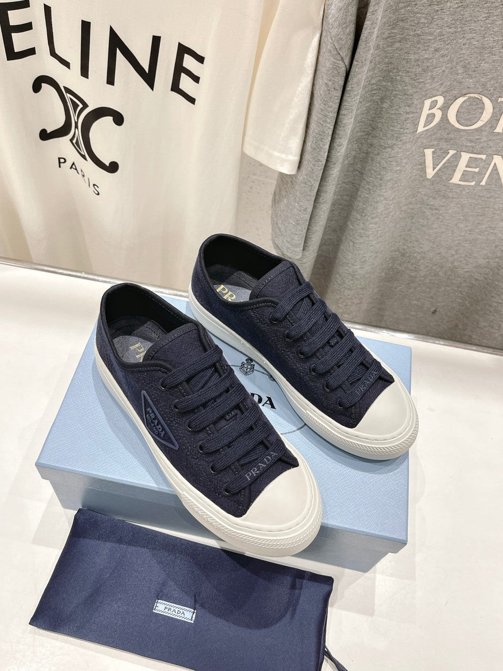 PRADA PRINTED COTTON SNEAKERS BALTIC BLUE CANVAS