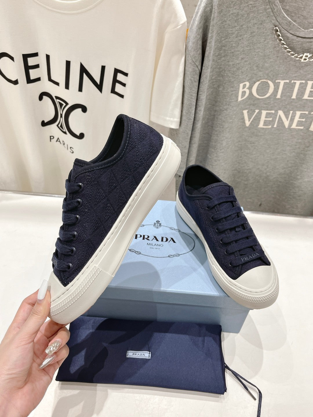 PRADA PRINTED COTTON SNEAKERS BALTIC BLUE CANVAS