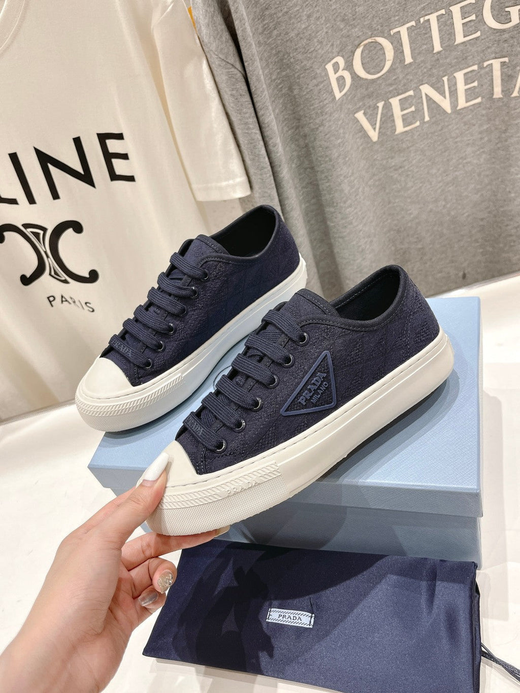 PRADA PRINTED COTTON SNEAKERS BALTIC BLUE CANVAS