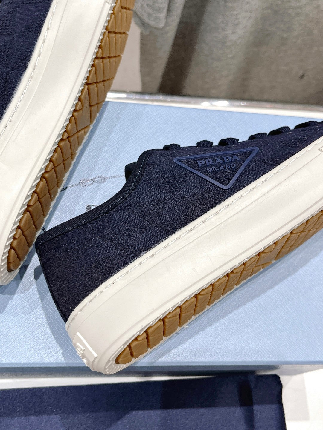 PRADA PRINTED COTTON SNEAKERS BALTIC BLUE CANVAS