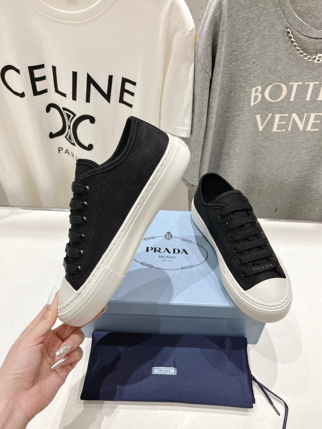 PRADA PRINTED COTTON SNEAKERS BLACK AND WHITE CANVAS