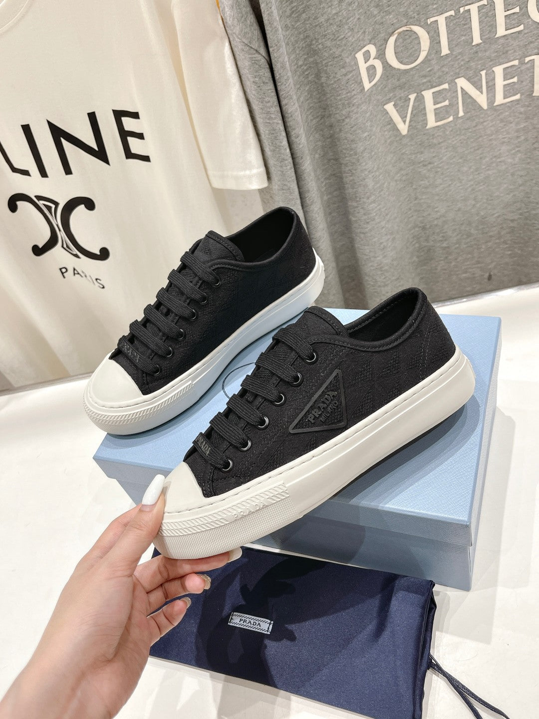 PRADA PRINTED COTTON SNEAKERS BLACK AND WHITE CANVAS