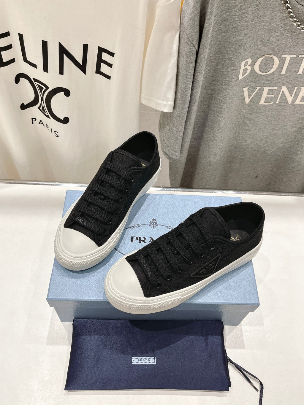 PRADA PRINTED COTTON SNEAKERS BLACK AND WHITE CANVAS