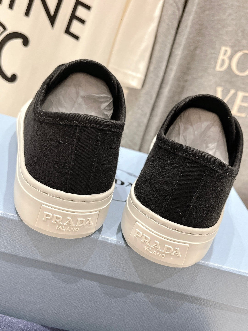 PRADA PRINTED COTTON SNEAKERS BLACK AND WHITE CANVAS