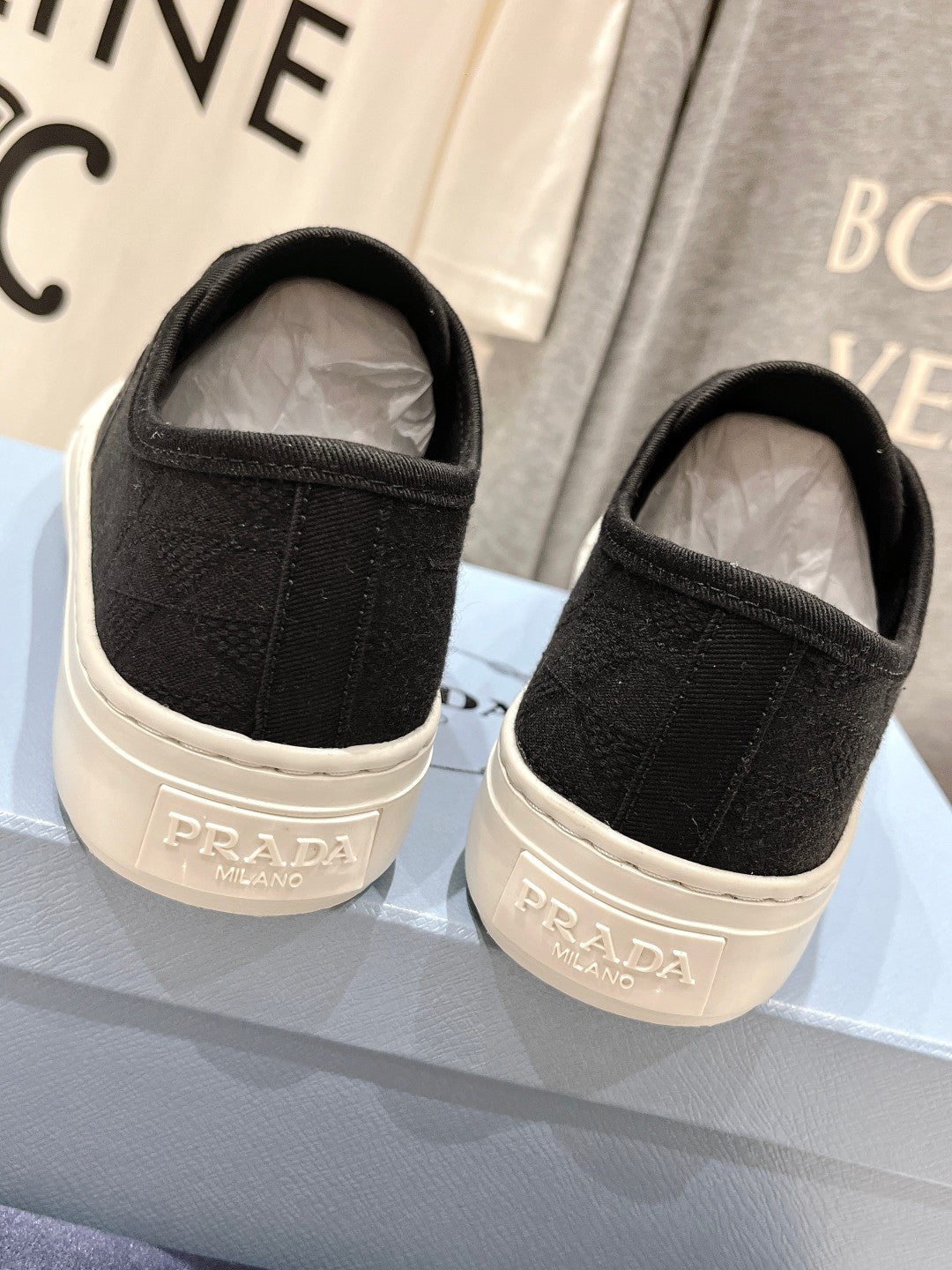 PRADA PRINTED COTTON SNEAKERS BLACK AND WHITE CANVAS