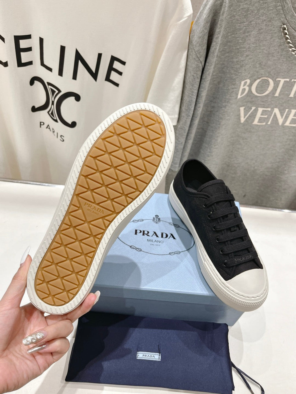 PRADA PRINTED COTTON SNEAKERS BLACK AND WHITE CANVAS