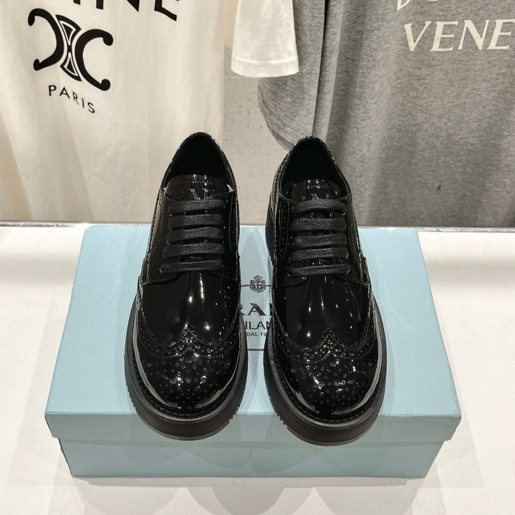 PRADA BRUSHED LEATHER DERBY SHOES GLOSSY BLACK