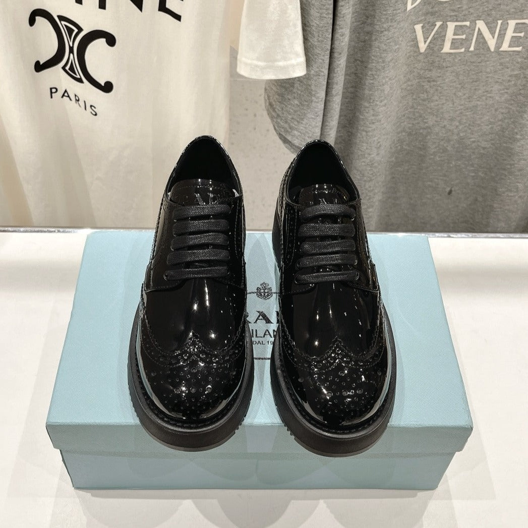 PRADA BRUSHED LEATHER DERBY SHOES GLOSSY BLACK