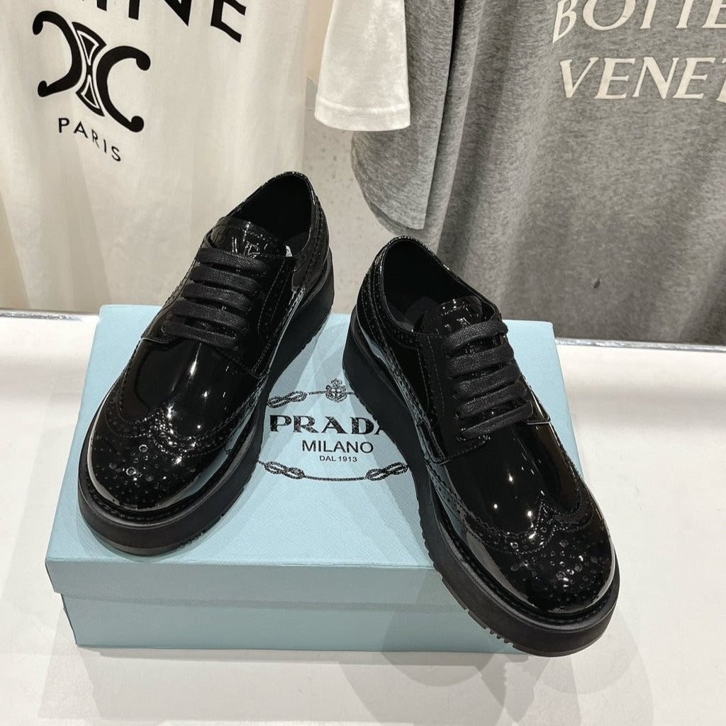 PRADA BRUSHED LEATHER DERBY SHOES GLOSSY BLACK