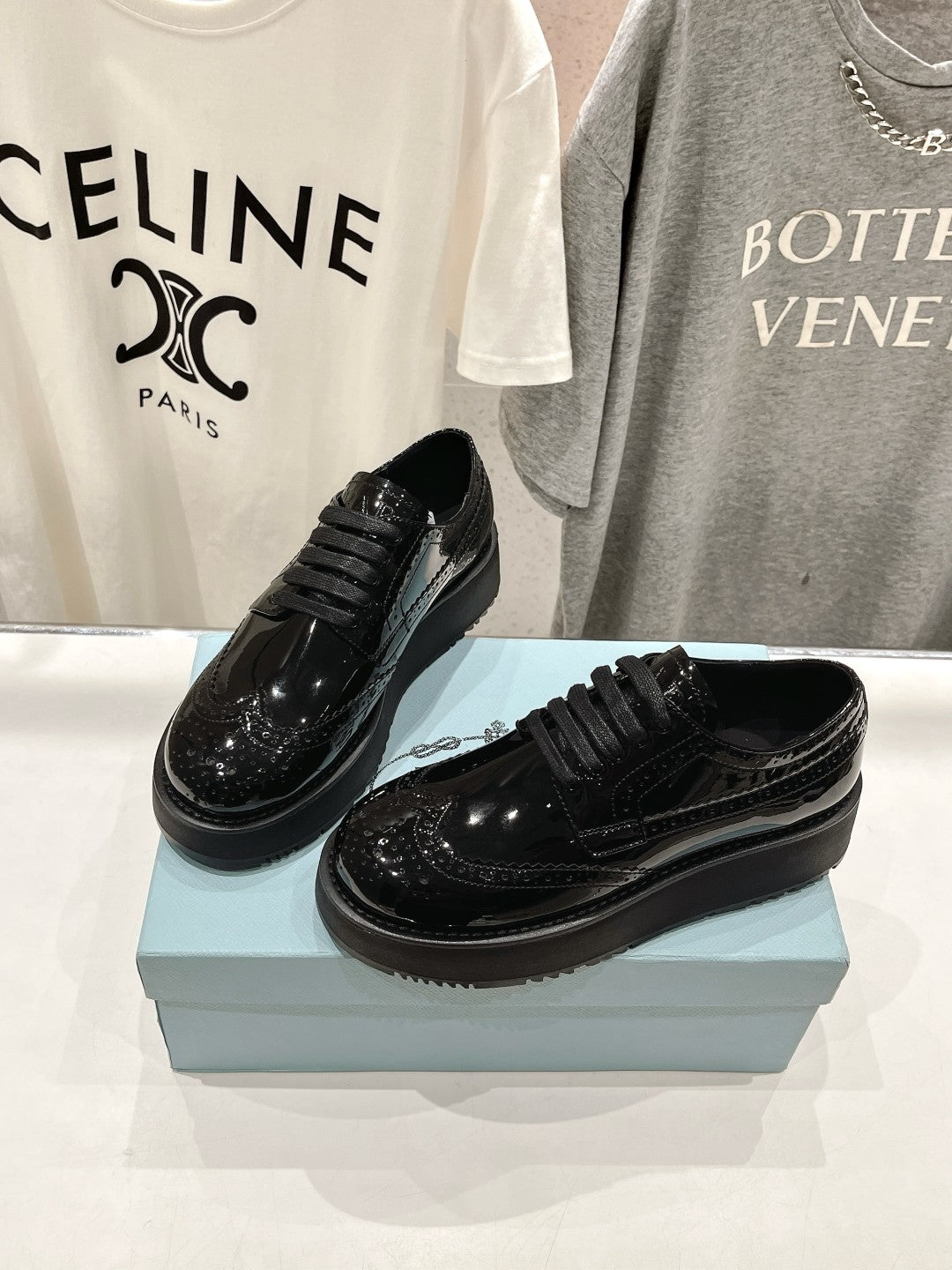 PRADA BRUSHED LEATHER DERBY SHOES GLOSSY BLACK