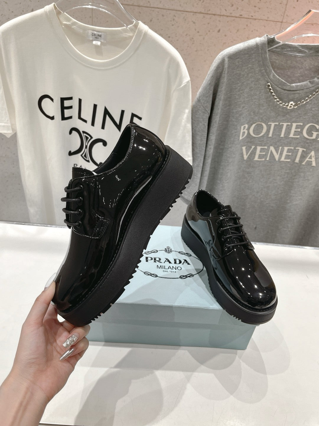 PRADA BRUSHED LEATHER LOAFERS GLOSSY BLACK