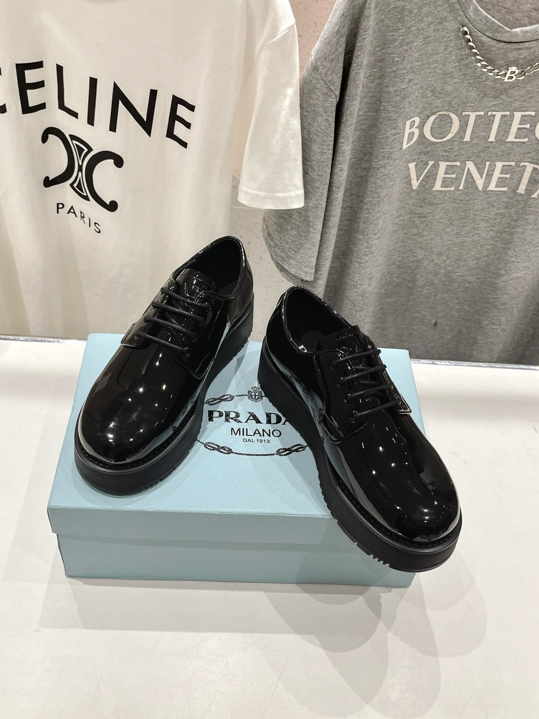 PRADA BRUSHED LEATHER LOAFERS GLOSSY BLACK