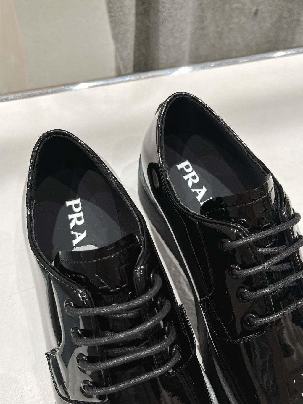 PRADA BRUSHED LEATHER LOAFERS GLOSSY BLACK