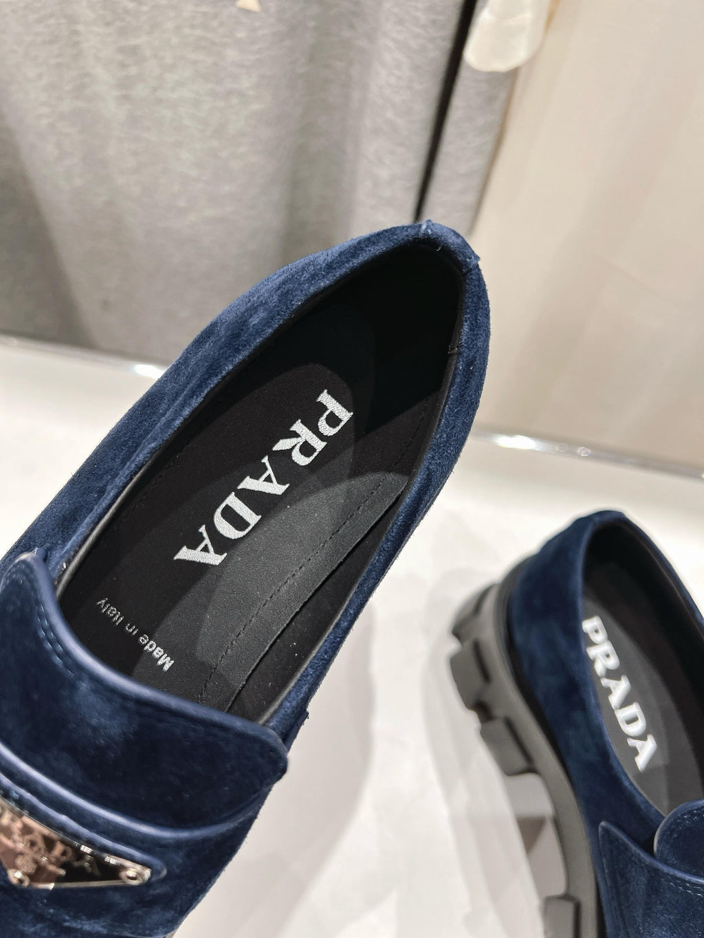 PRADA MONOLITH LOAFERS IN NAVY BLUE SUEDE