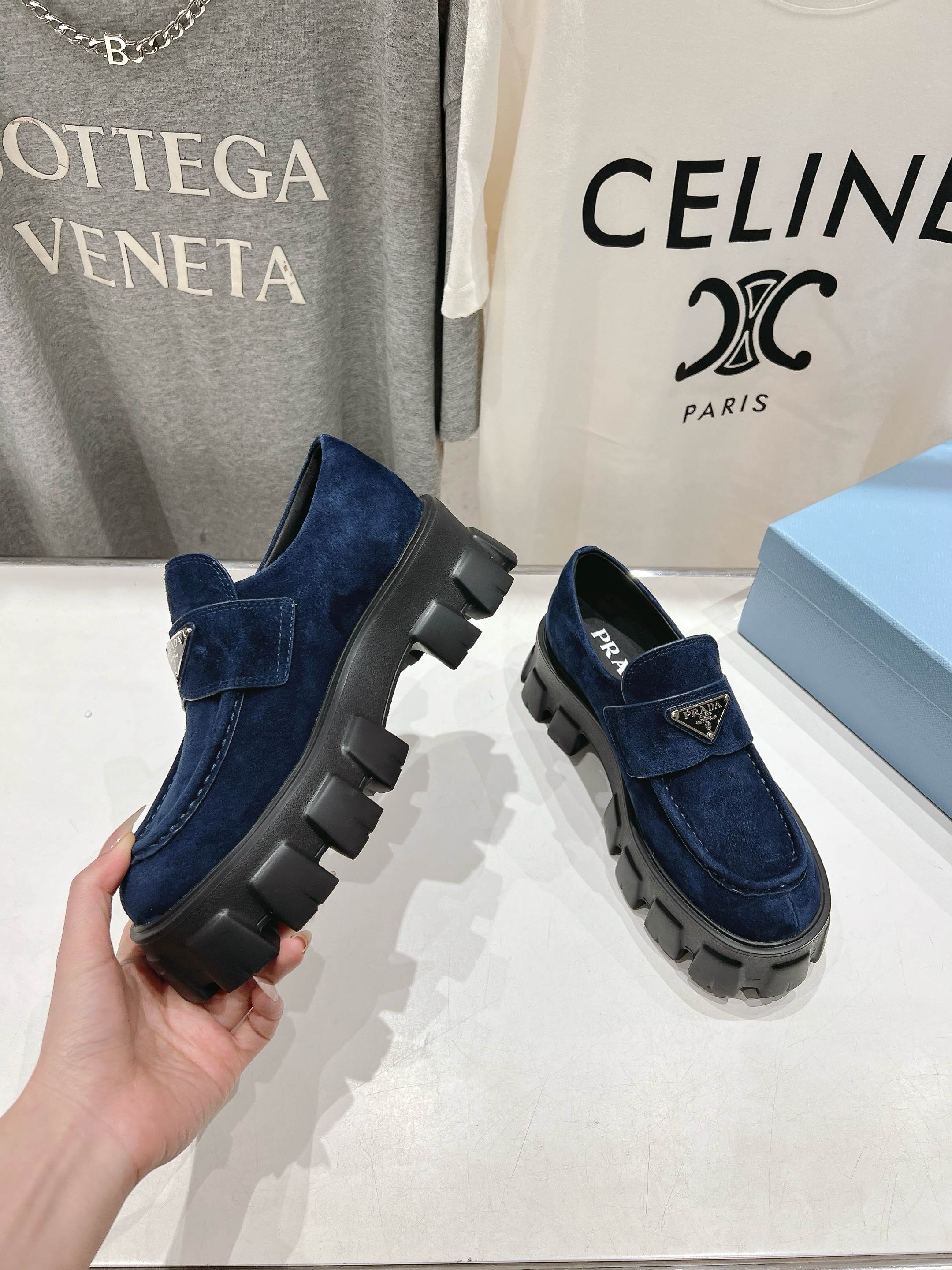 PRADA MONOLITH LOAFERS IN NAVY BLUE SUEDE