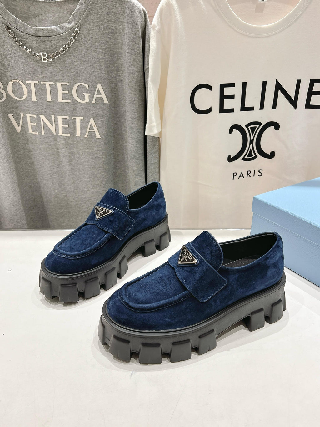 PRADA MONOLITH LOAFERS IN NAVY BLUE SUEDE