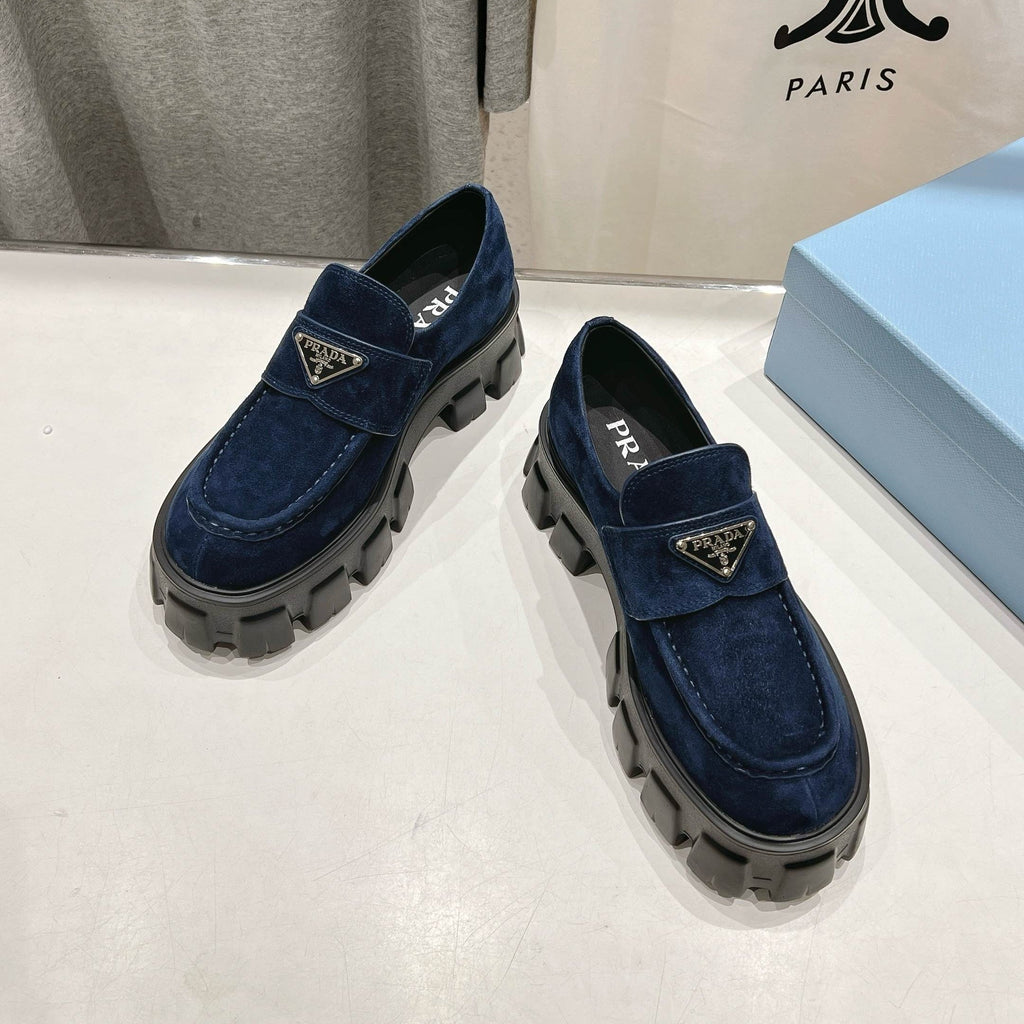 PRADA MONOLITH LOAFERS IN NAVY BLUE SUEDE