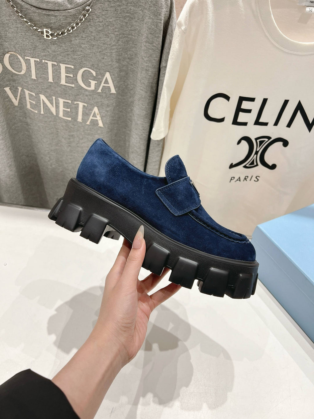 PRADA MONOLITH LOAFERS IN NAVY BLUE SUEDE