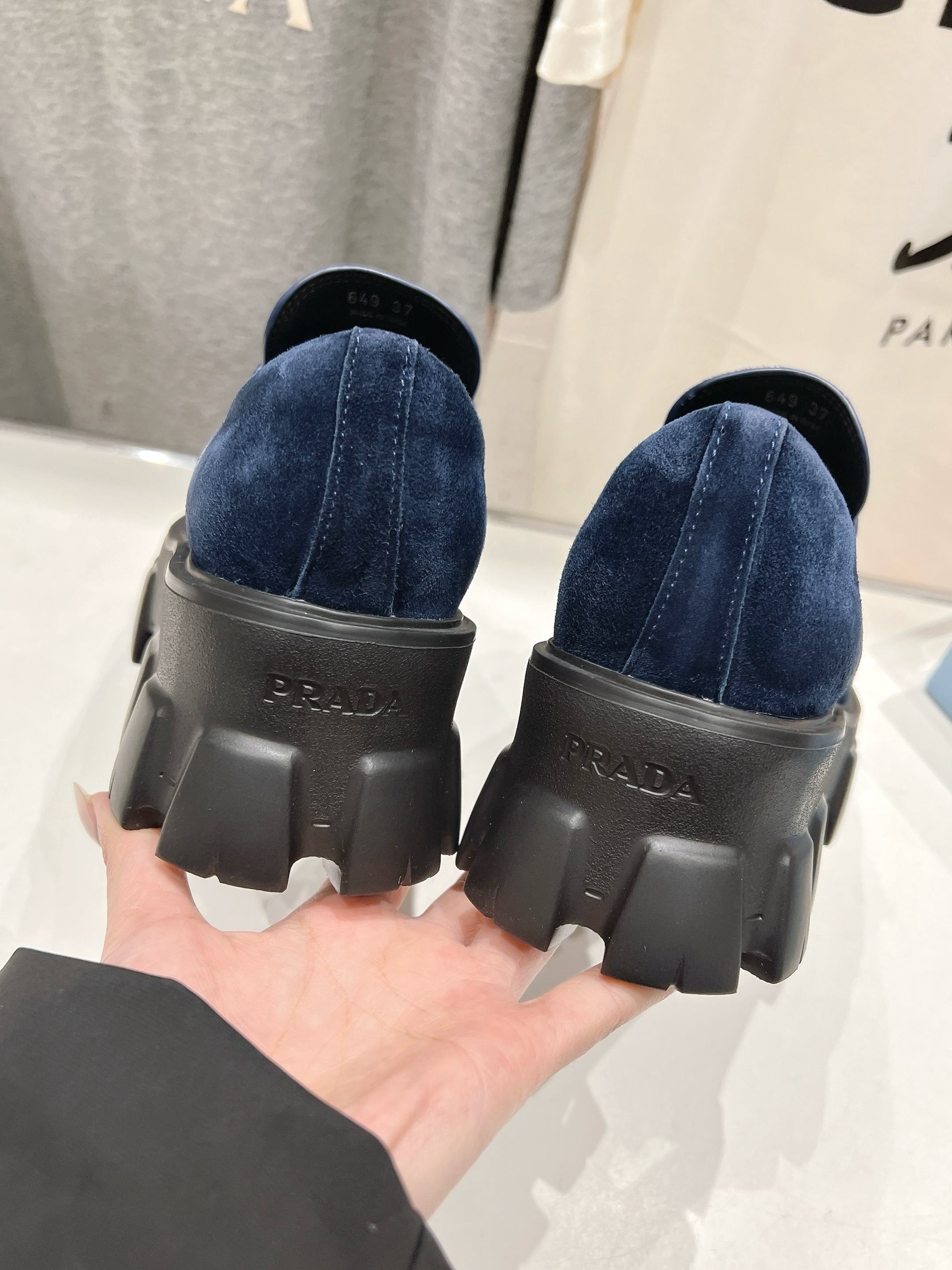 PRADA MONOLITH LOAFERS IN NAVY BLUE SUEDE