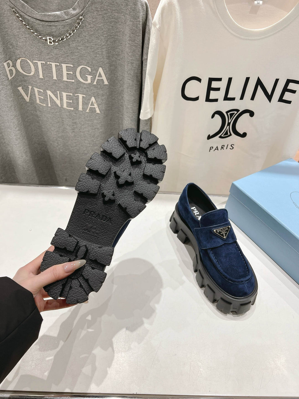 PRADA MONOLITH LOAFERS IN NAVY BLUE SUEDE