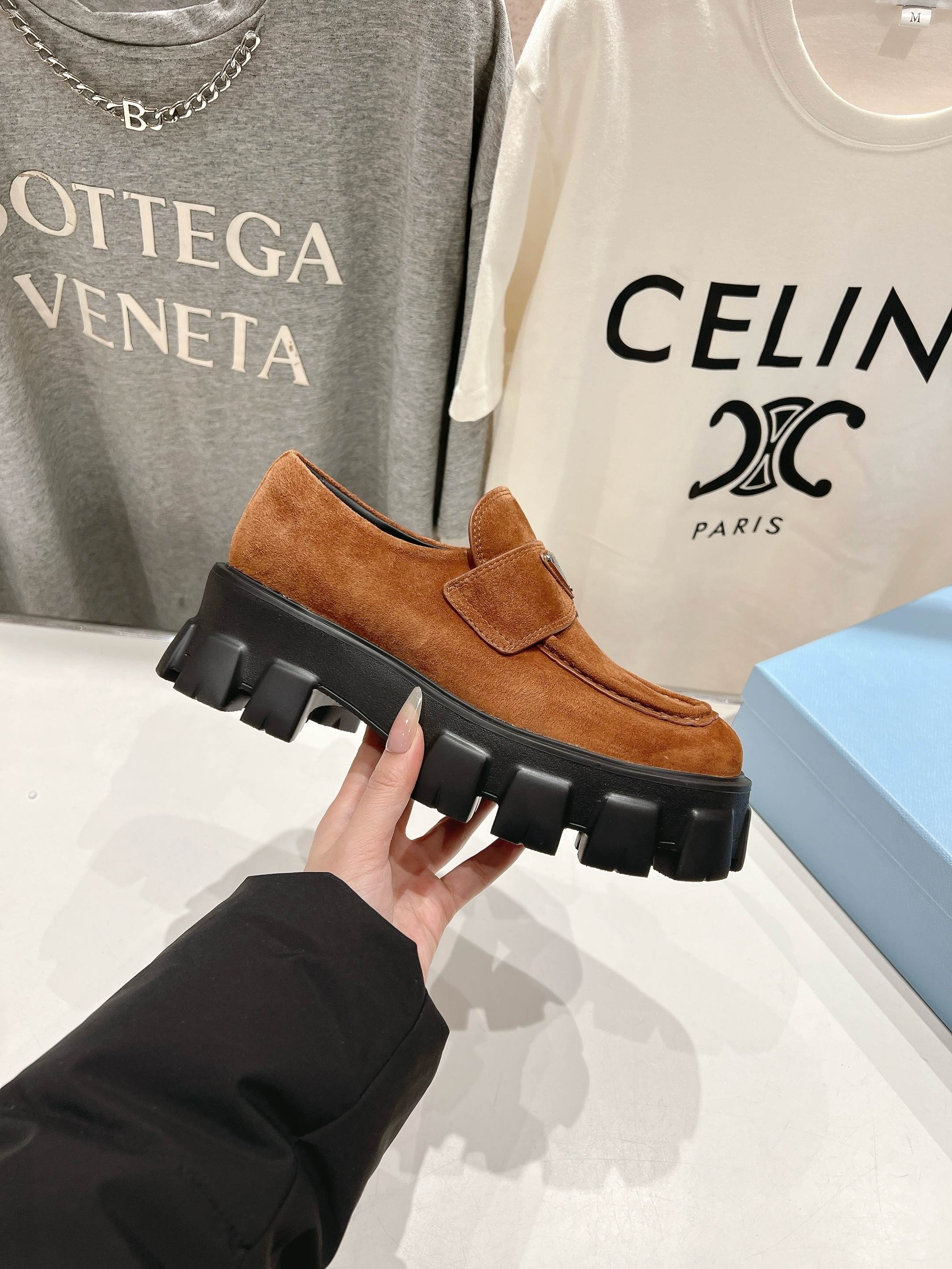 PRADA MONOLITH LOAFERS IN RED BROWN SUEDE