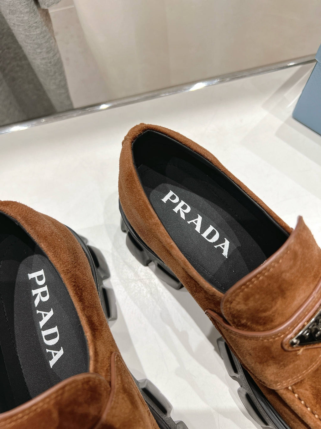 PRADA MONOLITH LOAFERS IN RED BROWN SUEDE